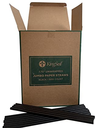 600 Count | Kingseal FSC Certified Disposable Paper Drinking Straws, BLACK, Unwrapped, 7.75 inch Length x 0.6mm diameter, Jumbo Size, Biodegradable, Earth Friendly, Bulk Pack - 600 Straws per Box