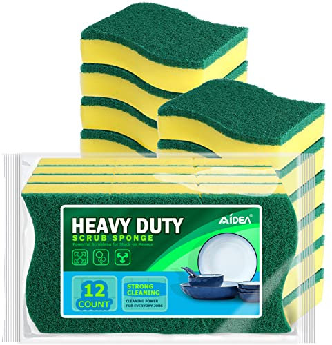 AIDEA Heavy Duty Scrub Sponges Washing Up Pack of 12, Cleaning Scrub Sponge, Stink Free Dual-Sided Dishwashing Sponge, Effortless Cleaning Eco Scrub Pads for Dishes,Pots,Pans All at Once