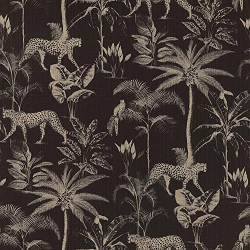 Savannah Black Gold Wallpaper Textured Shimmer Cheetah Palm Tree Jungle Tropical