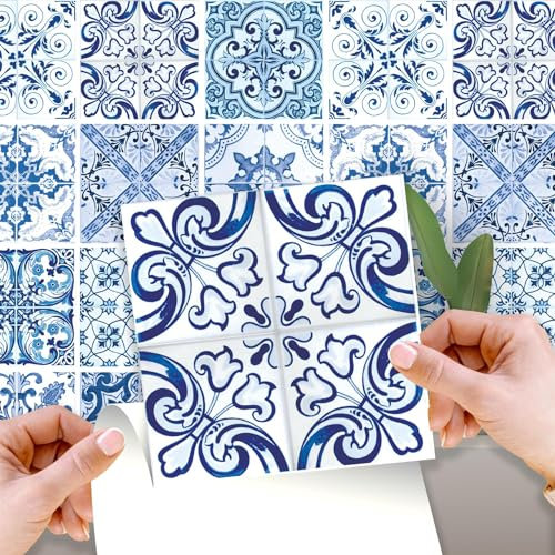 WALPLUS 24 Stück 15x15cm Blau Türkisch Mediterran Hellblau Wandfliesen Aufkleber Schälen und Kleben Backsplash Abziehbilder Startseite Dekore Aufkantung für Küche Badezimmer Kacheln Farbe auf Wand