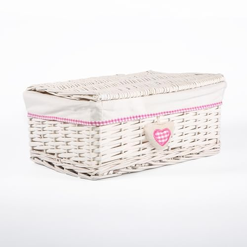 Wicker Storage Hamper with Lid with Liner Gift Hamper Wicker Basket Storage (White, Medium)