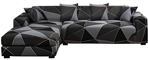 ele ELEOPTION Sofa Überwürfe elastische Stretch Sofa Bezug 2er Set 3 Sitzer für L Form Sofa inkl. 2 Stücke Kissenbezug (Schwarz Grau)