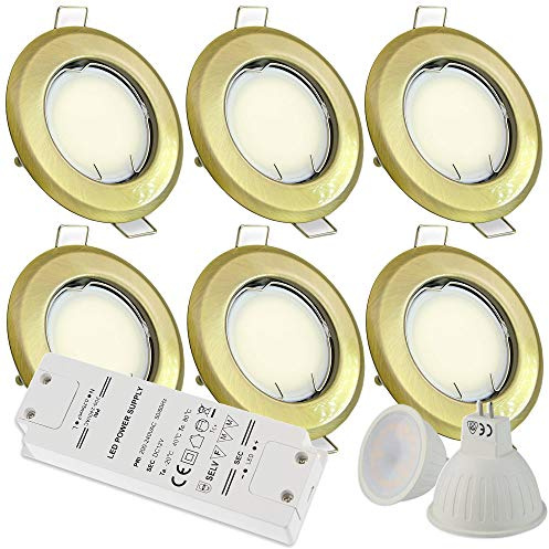 6x LED Einbaustrahler messing rund 7 Watt warmweiß 12V mit Trafo - MR16 Einbauleuchten schwenkbar aus Aluminium Ø 55-60mm Bohrloch - Einbau-Spot Decken-Strahler Deckeneinbaustrahler