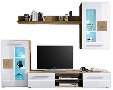 89-189-T2 GEORGIA Artisan Eiche / WEiß Glanz Anbauwand Wohnwand Wohnzimmerschrank ca. 240 x 190 x 43 cm