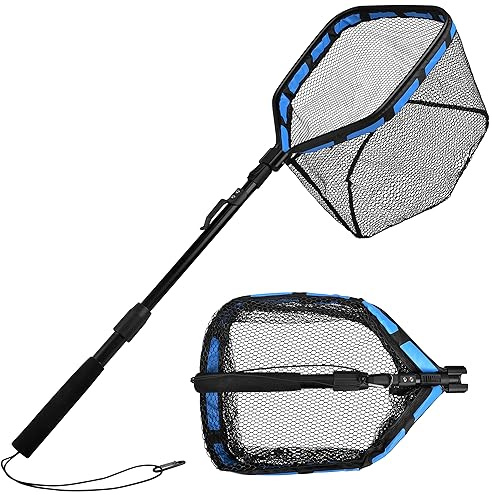 Fishing Landing Net, Floating Fishing Net Foldable & Extendable Net with Durable PVC Coated Mesh Fishing Accessories for Steelhead, Salmon, Carp, Catfish, Bass, Trout Fishing