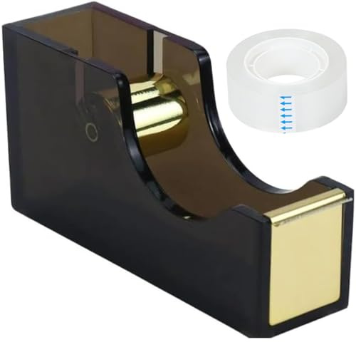 MultiBey Schwarz & Gold Klebebandabroller, schwarzer Acryl-Klebebandabroller, Schreibtisch, stilvoller Klebebandhalter, 2.5 cm Kern, schwarz und goldfarben, Zuhause, Büro (Klebebandabroller)