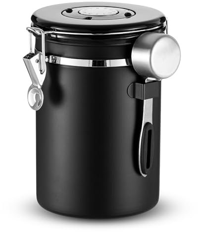 Dyserbuy 1.8L Coffee Bean Storage, Airtight Coffee Container, Storage Jar with Date Tracker and 30ML Measure Scoop &6 CO2 Valve for Beans, Grounds, Tea, Sugar (Black)