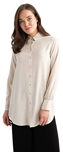 DeFacto Långärmad skjortblus, skjorta med knappar för fritidskläder, Lt.beige, XXL