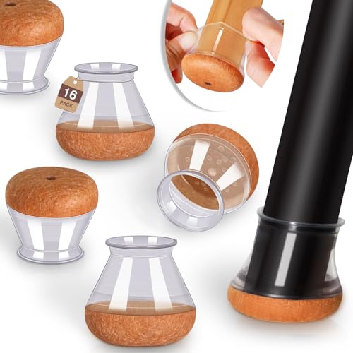 Chair Leg Floor Protectors for Hardwood Floors Felt Furniture Pads Silicone Caps 16 Pack Anti-Scratch Reduce Noise Clear Round Medium Fit 3/4 to 1-3/16 (19-30mm)