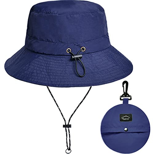 Malaxlx Bleu Marine Bob Femme Imperméable Été Anti UV Chapeau de Pêcheur Pliable pour Plage et Extérieur