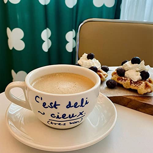 MOOCO MORNING Ins - Juego de tazas de café coreanas y platillos con letras simples, tazas de cerámica creativas retro para oficina, té, leche, agua, helado, regalo