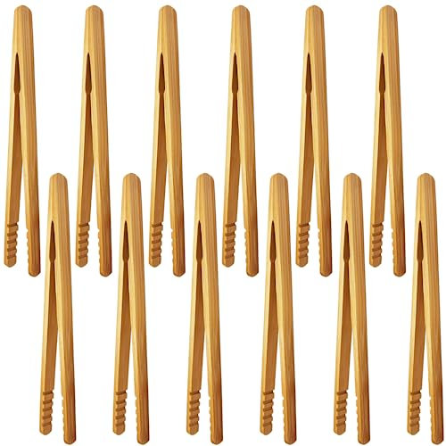 Pinces en Bambou, 12 Pcs Pinces de cuisine en bambou - Pince grille pain, Pince à toasts pour Barbecue, Steak et Cornichons