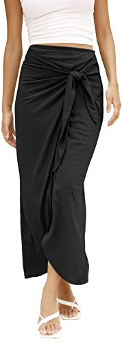 TASAMO Women's Trendy Maxi Skirt - Ruched Pencil Skirt for Summer Beach Vacation（Medium,Black）