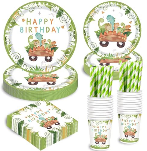 TERLUNNSI Juego de vajilla de fiesta de dinosaurios, vajilla desechable, platos de papel, servilletas, pajitas para fiestas de cumpleaños infantiles, para niños y niñas, 24 invitados