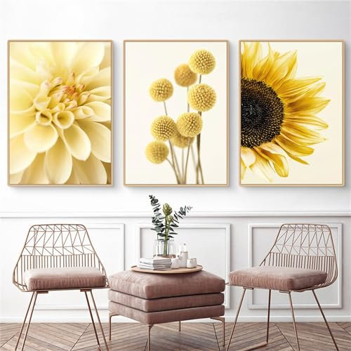 Uixxducc Juego de 3 pósteres modernos, imágenes de girasol amarillo, flores y hojas, cuadros elegantes en lienzo, sin marco, imágenes artísticas para salón o dormitorio (C, 40 x 50 cm)
