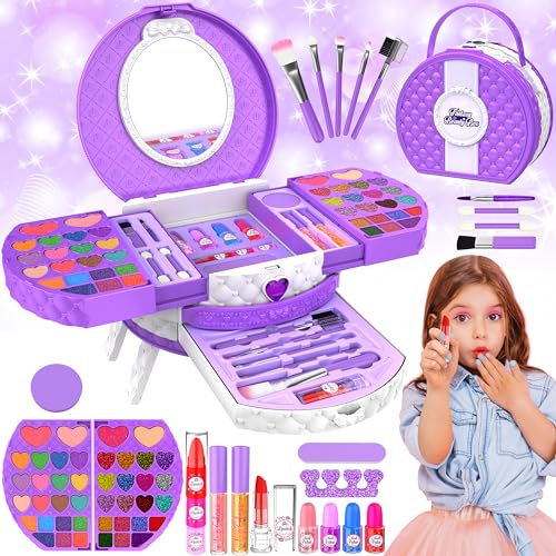 Kinderschmink-Set mit tragbarem Ständer, 66-teiliges Schminkkoffer-Set mit wasserlöslichen Farben, Rollenspiel-Kreativset für Kindergeburtstage & Karneval, Geschenk für Mädchen ab 3 4 5 6+ Jahren