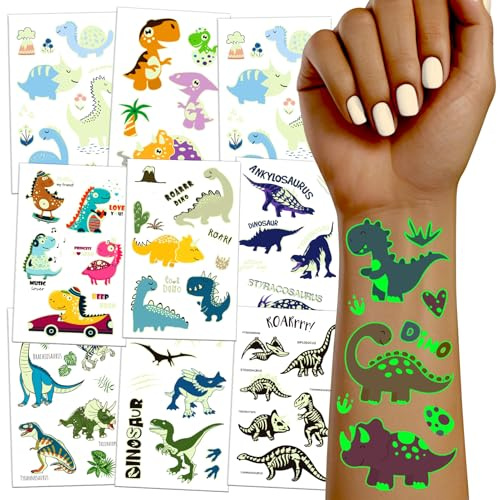 TatoYard Dinosaurier Tattoo Kinder, 20 Blätter Leuchttattoos kinder hautfreundlich Aufkleber, Dinosaurier Spielzeug Kleine Geschenke für Kinder Jungen Mitgebsel Kindergeburtstag Party Gadget