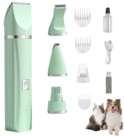 Skeadex 4-in-1 Leise Hundeschermaschine, Schermaschine Hund Katze Set mit 4 Größen Trimmerkopf, Wiederaufladbar IPX7 Wasserdichter Hundeschermaschine, für Pfoten Augen Ohren Gesicht Körper (Weiß)