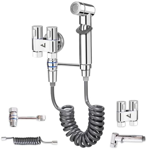 JUPPLIES Ducha Higienica para WC con Válvula de Control de 2 Vías y Doble Mando – Grifo Bidet para Inodoro con Manguera Retráctil 2m, Regulación de Presión y Montaje Sencillo (Grifo + Válvula)