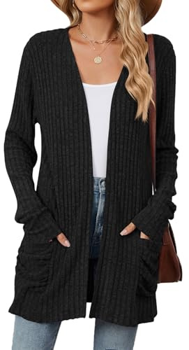 RUISHH Mujeres Cárdigan Manga Larga de Punto Chaqueta Ligera Frente Abierto Cuello V Jersey con Bolsillos Negro M