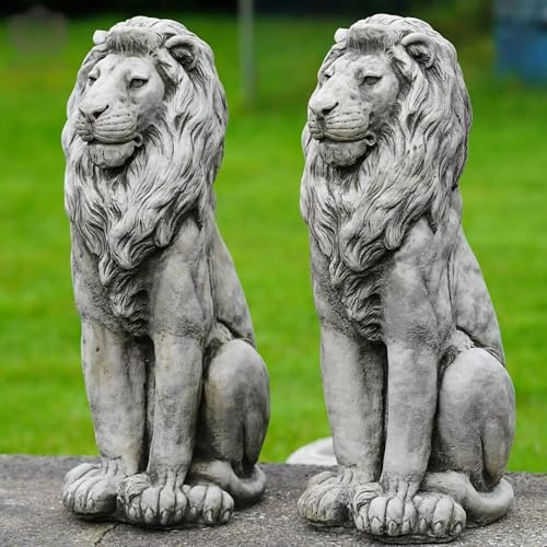 Paire de statues en pierre de lion royale | Ornement de jardin extérieur Grands Lions africains