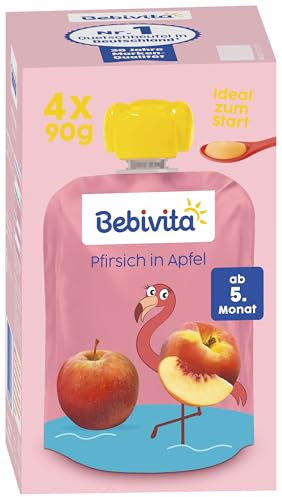 Bebivita Pfirsich in Apfel Quetschie – 16 Stück (4er Pack, je 4 x 90g), ohne Zuckerzusatz, glutenfrei, vegan, ideal für Babys ab 5. Monat, perfekt für unterwegs