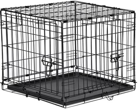 VELVETIO Foldable Dog Cage with Leak Proof Tray, 24 - Inch Double Door Metal Pets Training Crate, Heavy Duty Chew Resistant Plastic Base Pan, (61 X 42 X 49 Cm), Black
