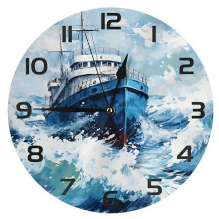 Mexpekil Orologio da parete silenzioso nero con onde del mare della nave senza ticchettio 25 cm orologi da parete rotondi a batteria orologio decorativo moderno per soggiorno cucina camera da letto