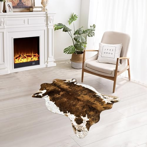 Aoczes Small Faux Cowhide Rug Cow Carpet Mat Cow Print Area Rug 3.6′x2.46′ | Cow Hide Rug Western Home Decor Carpet for Bedroom, Living Room, Kids Room, Table, Wall, Office, Brown White, Mat, 75x110cm