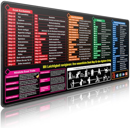 Mauspad XXL, Excel Shortcuts Mousepad Deutsch 900 x 400mm für Office, Word PPT Windows Mauspad groß, Anti Rutsch Schreibtischunterlage für Büro und Zuhause