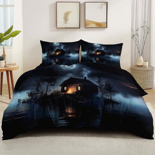 Bettbezug Reversibel Fantasie Holzhaus Insel Mond Thema für Jungen Mädchen, Pflegeleichte Mikrofaser Bettwäsche Set 240 x 220 cm mit Reißverschluss und 2 Kissenbezug 80 x 80 cm, Schwarz