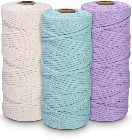 Zounin 3 Piezas Hilo Macrame, Macrame Kit, Hilo Cordón Algodón Natural, 3mm x100m, Cuerda macramé para Tapices, Plantas Colgantes, Decoración, Cordon Macrame(Blanco, Violeta Claro, Aguamarina)