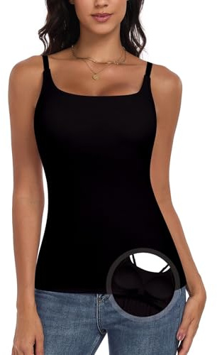 WOWENY Camiseta de tirantes con sujetador integrado y tirantes delgados para mujer, camiseta interior para verano, camiseta básica de verano, Negro , M