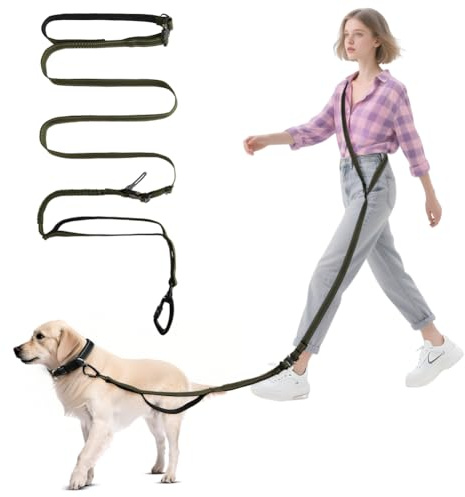 vsshe Guinzaglio per cani senza mano, 2.5m Guinzaglio per Cani a Mani Libere, Regolabile cintura per cani, Elastico Retrattile,con cuciture riflettenti, per Jogging, Running, Verde militare