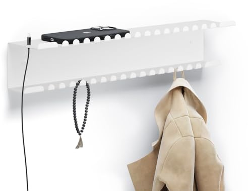 byde Rummel - Mensola da parete 44 x 9 x 9 cm, con 32 ganci e porta cavo di ricarica, organizer per chiavi, lettere e piccoli oggetti, ripiano in lamiera di acciaio verniciato a polvere, colore bianco