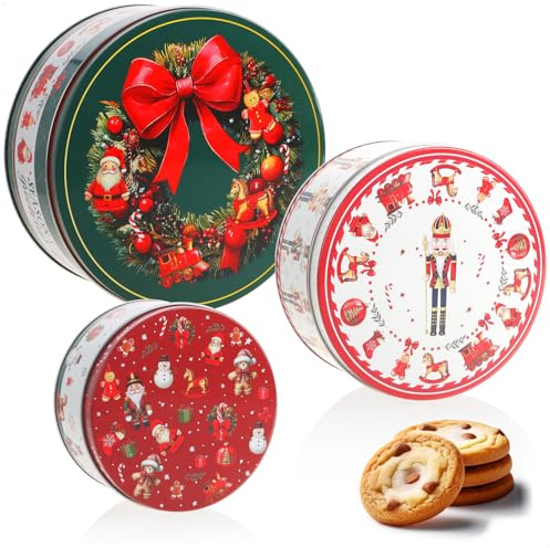 com-four® 3x latas de almacenamiento de metal – cajas apilables para galletas con corona de adviento, cascanueces & motivos navideños – recipientes para galletas & pasteles (3 piezas - Navidad)