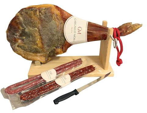 JAMONES GARGALLO MORA - Lote de Paleta Reserva de cerdo Duroc de 4,5 kg curada mínimo 10 meses + chorizo y longaniza de pascua + jamonero y cuchillo - uso exclusivo de sal marina