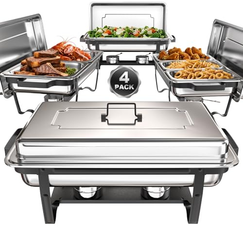 SIFER Chafing Dishes for Buffet 9Qt 4 Pack with Multi-Size Food Pans-Screwless Installation Chafing Dish Buffet Set,Foldable Handles Stacking Design,Stainless Steel for Events,Black