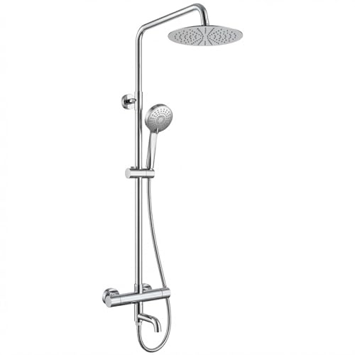 ARKO Thermostatic Mixer Shower with Bath Filler Tap, Rainfall & Handheld Shower Set, Thermostatic Bath & Shower System (Round Chrome)