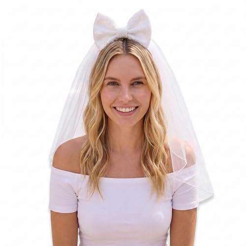 Bride & Love - JGA Haarreif mit Pailetten Maus Ohren, Schleife & Tüll-Schleier weiß – Brautparty Accessoire für Junggesellinnenabschied JGA Bride to be