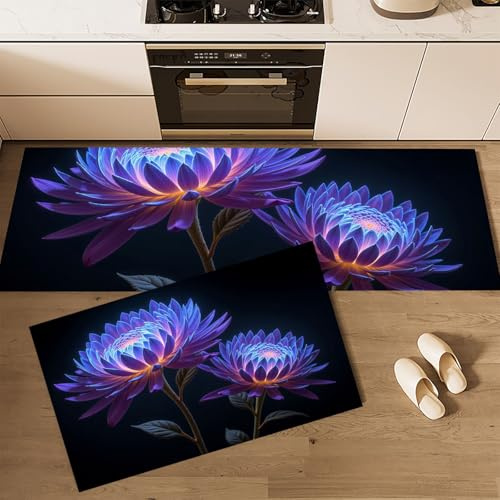 DUOTCYELE Set Di 2 Tappeti Da Cucina Antifatica Dalie Viola, Tappetini Da Cucina Fiori Scuri Al Neon per La Decor Della Casa E L'ufficio, Antiscivolo, Tappetini Da Cucinas Comodi 45x75cm+45x150cm