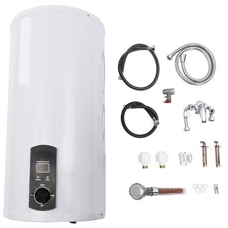 Scaldacqua istantaneo con serbatoio da 80 litri, scaldabagno elettrico con rubinetto e doccetta, dispositivo con contenitore interno smaltato, scaldabagno digitale con indicatore LED per bagno