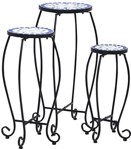 sephironlbb Mosaikbord, 3 stycken, keramik, blå, vit, med pulverlackerat järnram, 30–20 cm diameter, sidobord för balkong, trädgård, terrass, vardagsrum, inomhus, utomhus