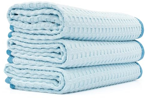 The Rag Company – Dry Me A River – Profesional Coreano 70/30 Mezcla de Microfibra Waffle-Weave Secado y Detalle Toallas, Suaves Bordes de Gamuza, Azul Claro, 16 x 24 (Paquete de 3)