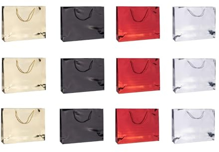 DONAU HOME Lot de 12 sacs cadeaux plastifiés - 40 x 30 x 10 cm - Pour toute l'année - Couleurs métalliques - Design uniforme - Résistant aux dommages - Élégant - Avec anse - Cadeau