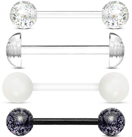 ile aux piercings Bijoux de perçage de langue invisible transparent demi boule blanche paillette NOIR bio plastique 4 pièces Tige acrylique flexible 1.6x16mm 6mm de diamètre Bille Unisex