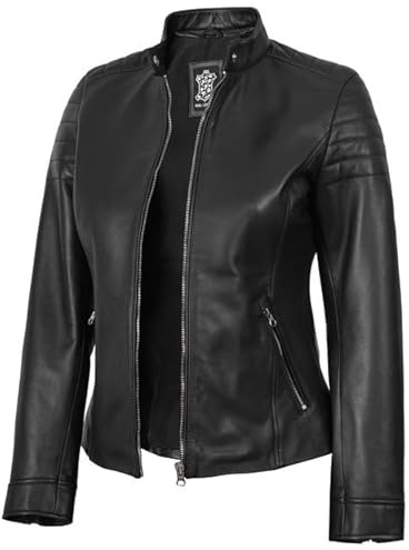 Decrum Disc Black Leather Jacket Woman - Leather Biker Cafe Racer Jacket Women | [1309743] Carrie Black, M