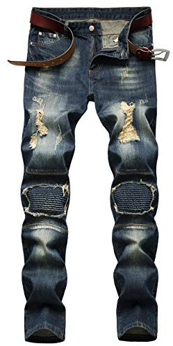 AIYINO Mens Ripped Slim Straight Fit Stretch Biker Jeans Stylish Denim All Waist(34 Dark Blue)