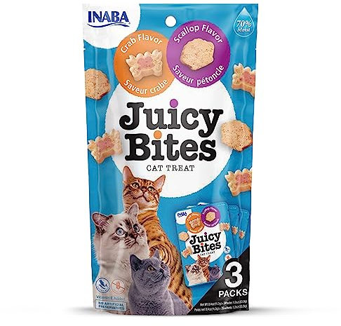 Juicy Bites by INABA Cat Treat - Crab & Scallop Flavour (3 x 11.3g) / Soft & Moist Cat Treat, Delicious & Healthy Snack for Cats, Hand Feeding Nibbles, Bite Sized Snack, Natural, Grain Free