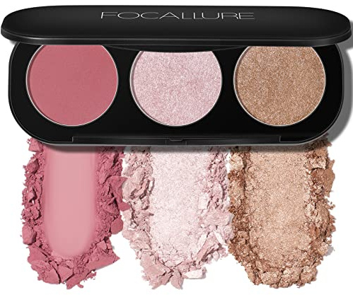 FOCALLURE Blush and Highlighter Palette,3 in 1 Makeup Powder, Cruelty-Free Matte, Shimmer Illuminator for a Glowing Look,#03